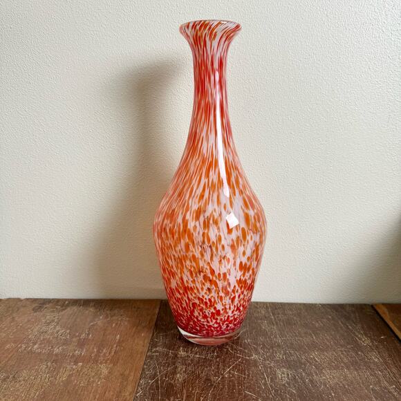 Vintage MCM Red Orange White Hand Blown Turned Tall Vase Smooth Pontil - Picture 9 of 9